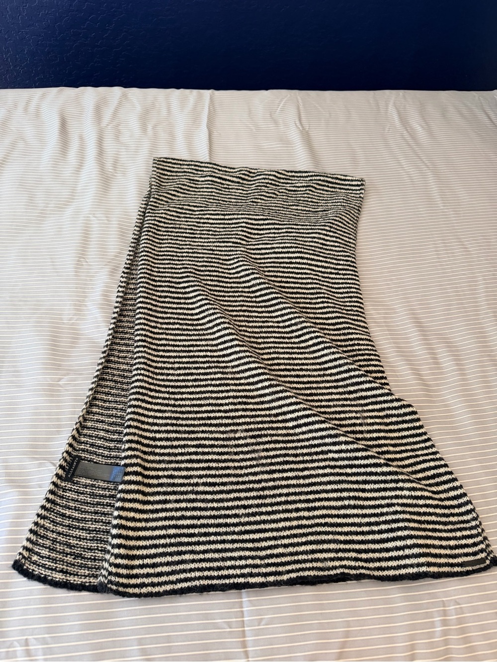 AllSaints Striped Knit Scarf Wool Alpaca Blend Black White Cozy Winter Luxury
